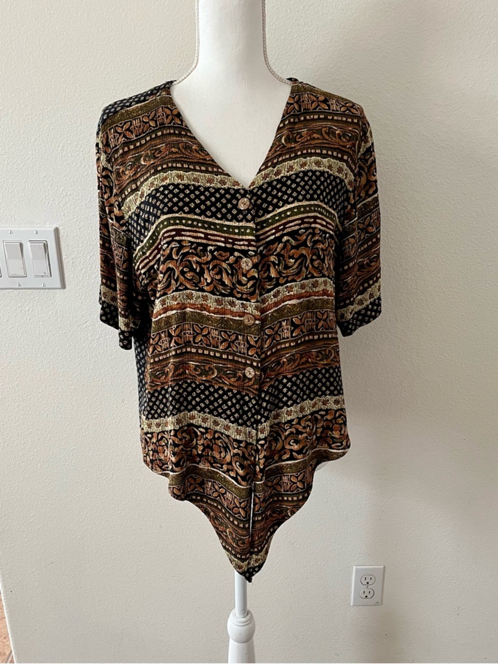 Women’s V-Neck Button Front Blouse in Brown Multi